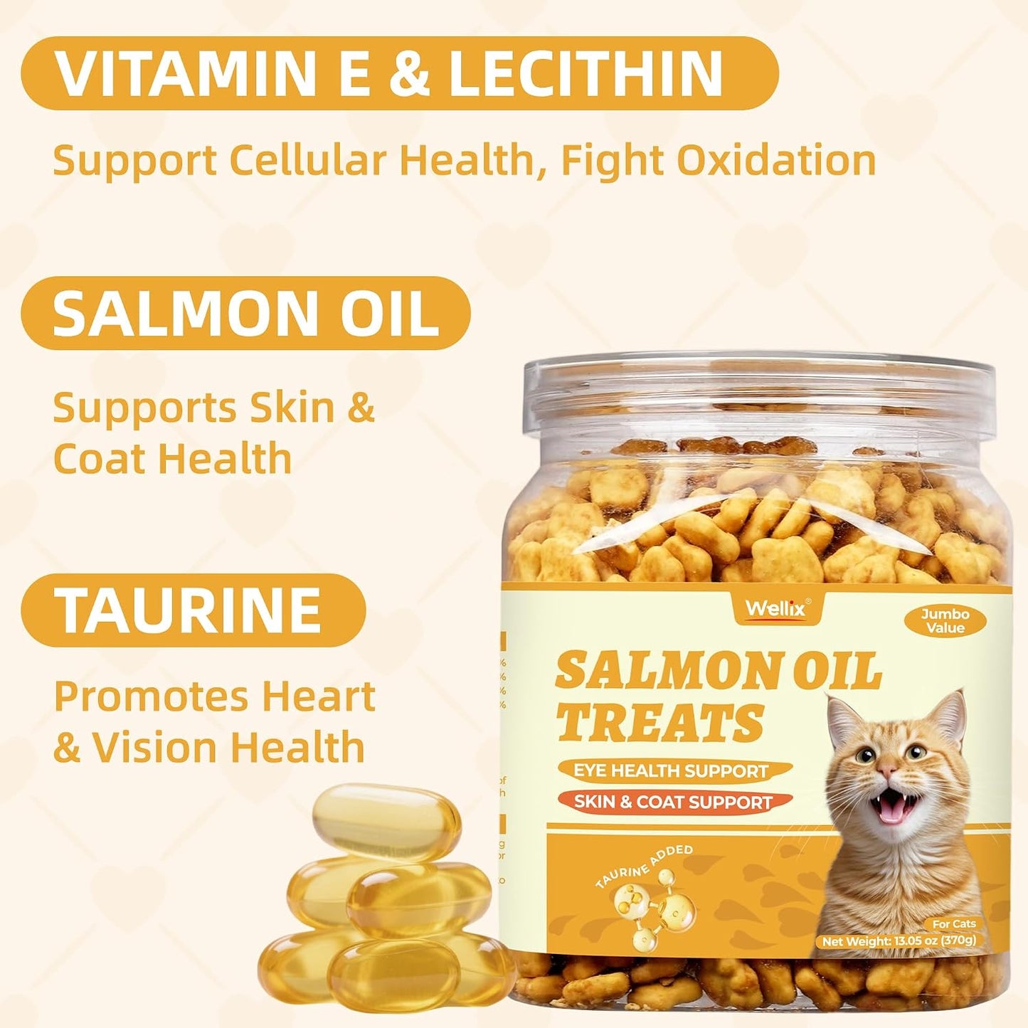 Wellix 13.05Oz Salmon Oil for Cat Treats - Omega-3 for Skin and Coats Supports - Taurine, Vitamins Treats for Indoor Cats - Healthy Crunchy Kitten Snacks for Training,Food Toppers