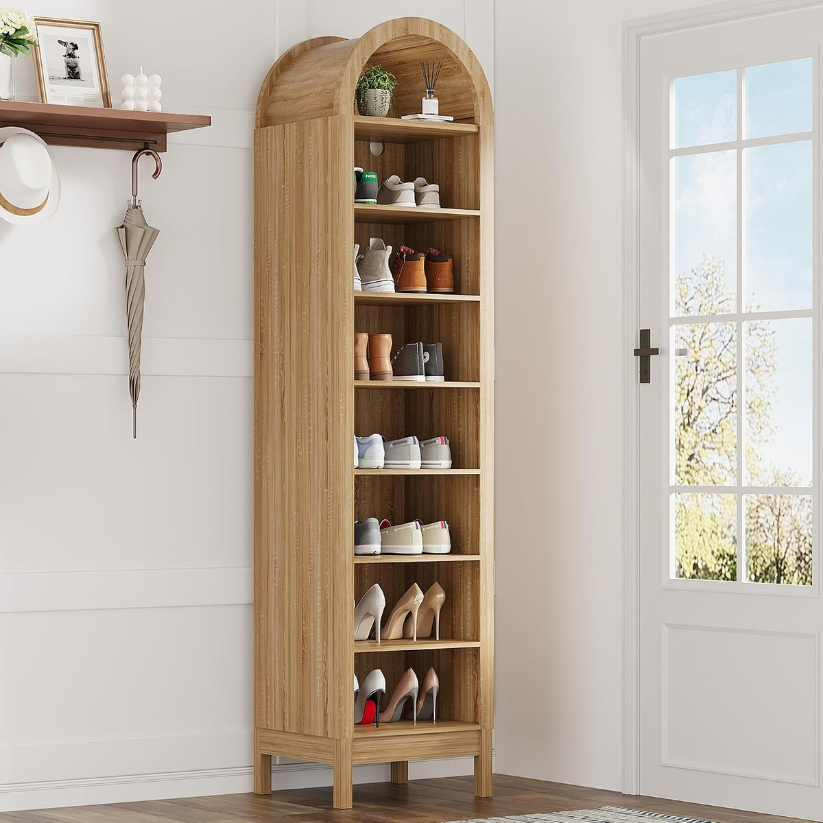 70" Arched Tall Shoe Cabinet, Narrow Wooden Storage Organizer, Natural