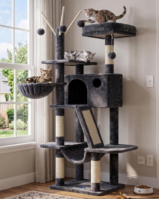 Hey-Brother Cat Tree Tower with Padded Platform Bed, Hammock, MPJ019-SG