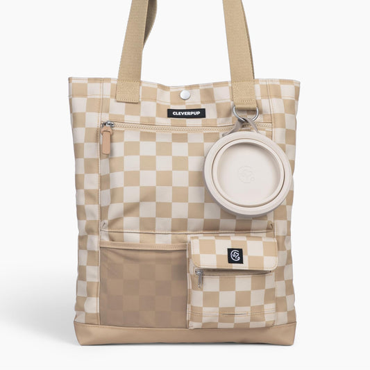 Cleverpup Park Pack 2-Piece Set Dog Gear Tote – Dog Travel Bag with 8 Pockets, Treat Pouch, Poop Bag Dispenser, Quick-Dry Ball Pocket, Collapsible Bowl, Perfect for Walks & Park Trips, Checkerboard