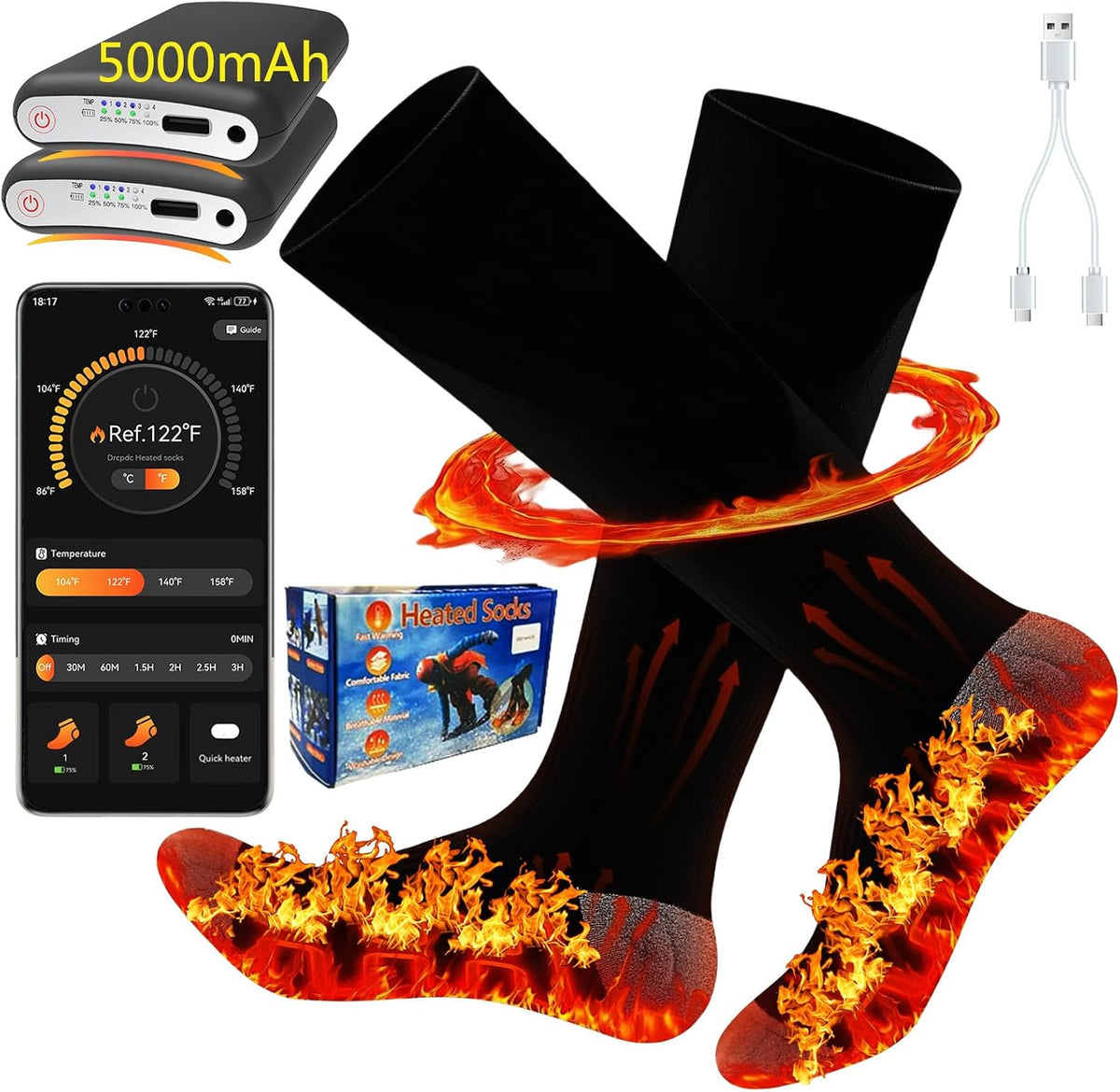 Heated Socks, Heated Socks for Women Men with App Control 2 * 8500Mah Rechargeable Electric Heated Socks Washable Warm Socks for Outdoors Work Skiing Hunting Riding Cycling Hiking Camping Xmas Gifts