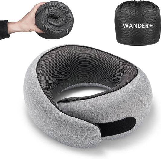 WANDER+® Travel Pillow, 100% Pure Memory Foam Travel Neck Pillow Airplane Neck Support Ergonomic Design Best for Sleeping Plane Car Train Office Flight for Adults Grey