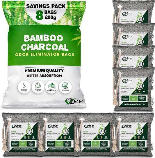 8 XL Bags X 200G Bamboo Charcoal Odor Absorber (1,600G Total),Activated Charcoal Air Purifying Bag, Odor Eliminator for Home, Basement, Smoke, Mothball, Pet, Car, Closet, Shoes