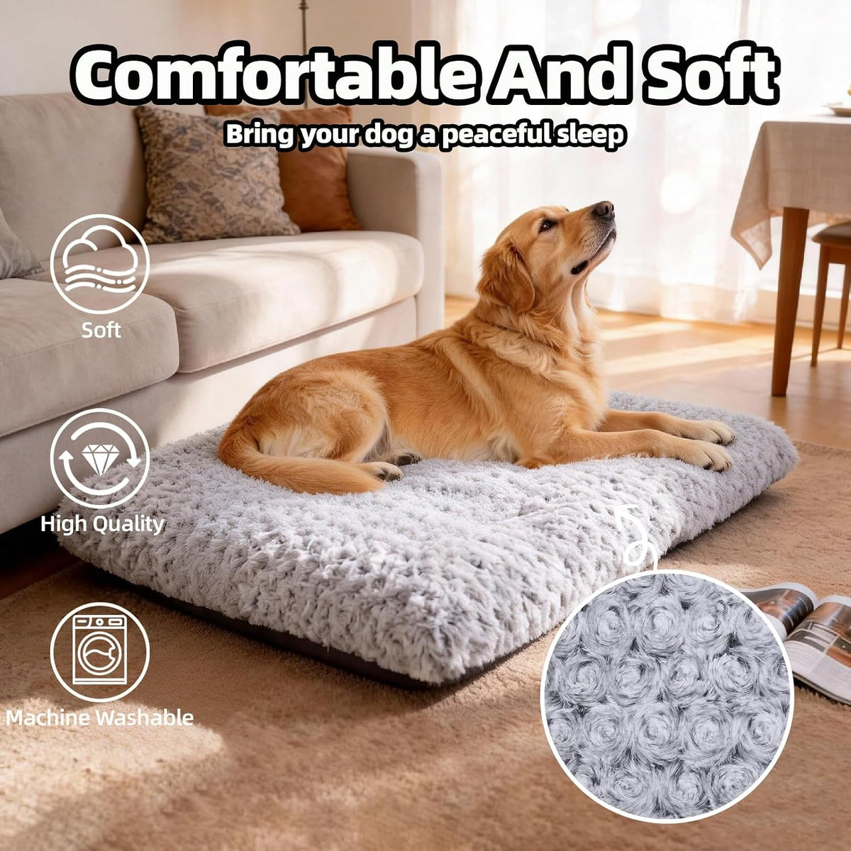 Dog Bed Large Size, Plush Washable Pet Bed Mat, Dog Crate Bed 35"X23", Gray