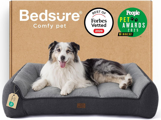 Bedsure Supportmax™ XL Orthopedic Dog Beds Large Sized Dog - Extra Thick Supportive Dogs Couch with Waterproof Washable Cover, Extra Large Comfort Pet Sofa with Soft Sherpa & Nonskid Bottom, Grey, 42"