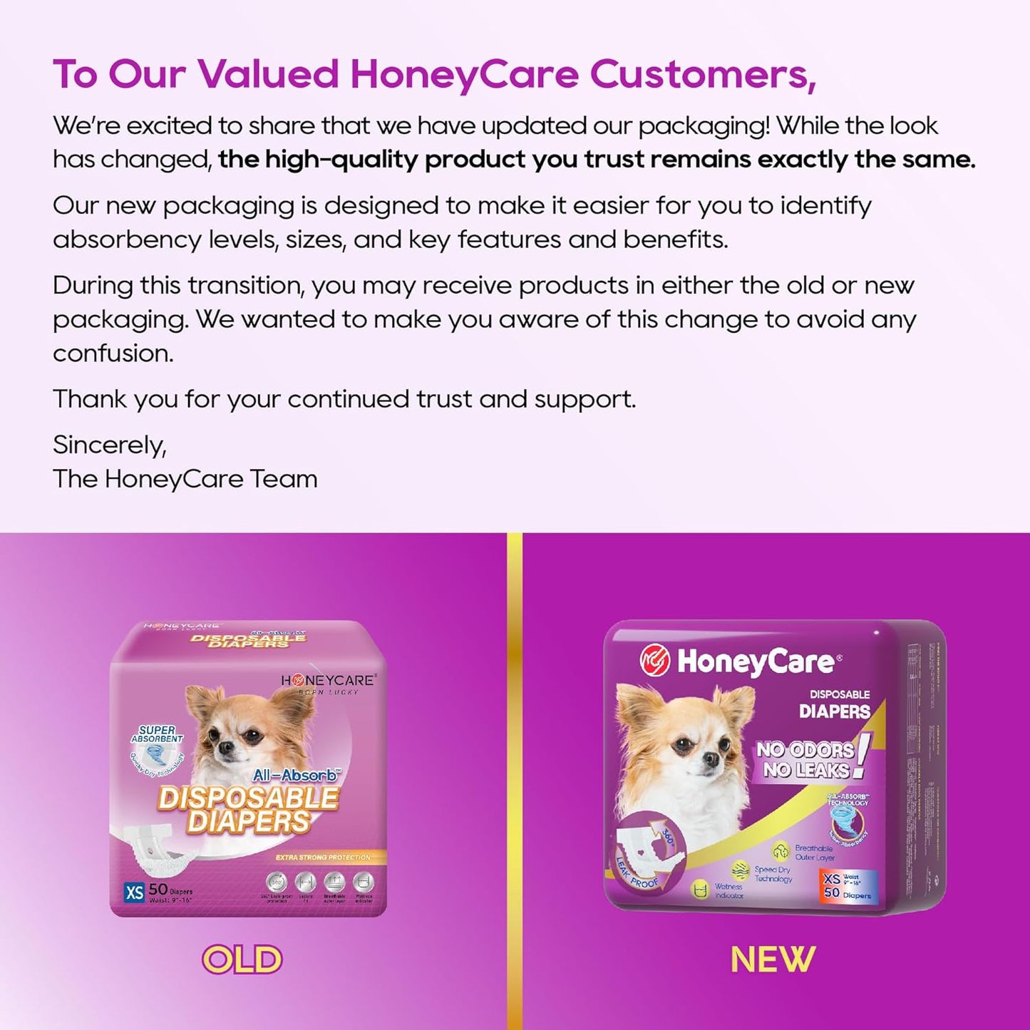 HONEY CARE All-Absorb Disposable Female Dog Diapers Extra Small Size, Improved, 50 Count, Super Absorbent, Breathable, Wetness Indicator (Pack of 1, 50 Count Total)