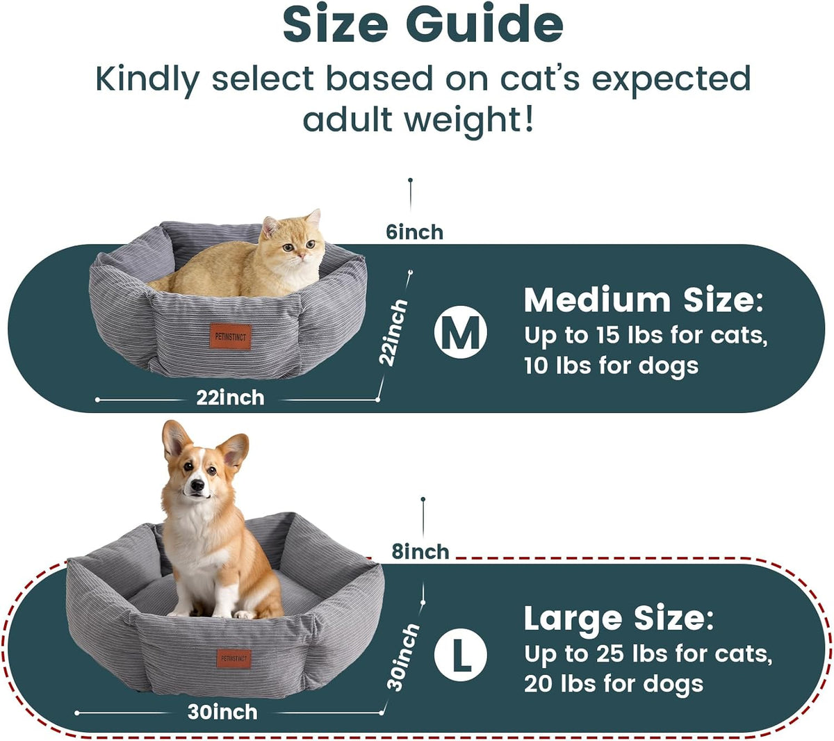 Pet Bed for Cats and Medium Dogs, 30" Large Cat Bed, Gray