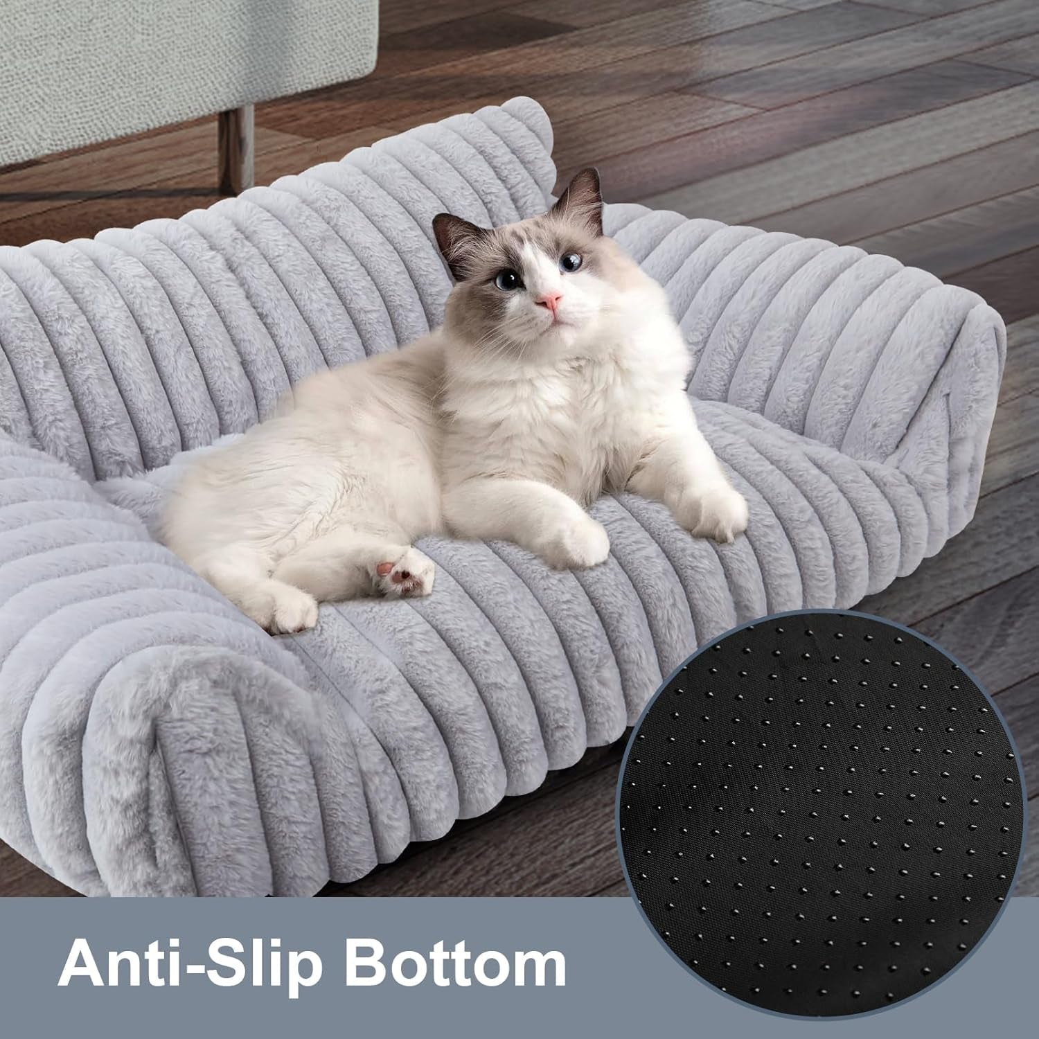 Cute Cat Couch Bed for Indoor Cats, Fluffy Pet Cat Sofa with Premium Soft Corduroy Fleece, Cute Small Dog Beds for Small Dogs, Fuzzy Puppy Chair with Removable Washable Cover (24X18X10,Grey)