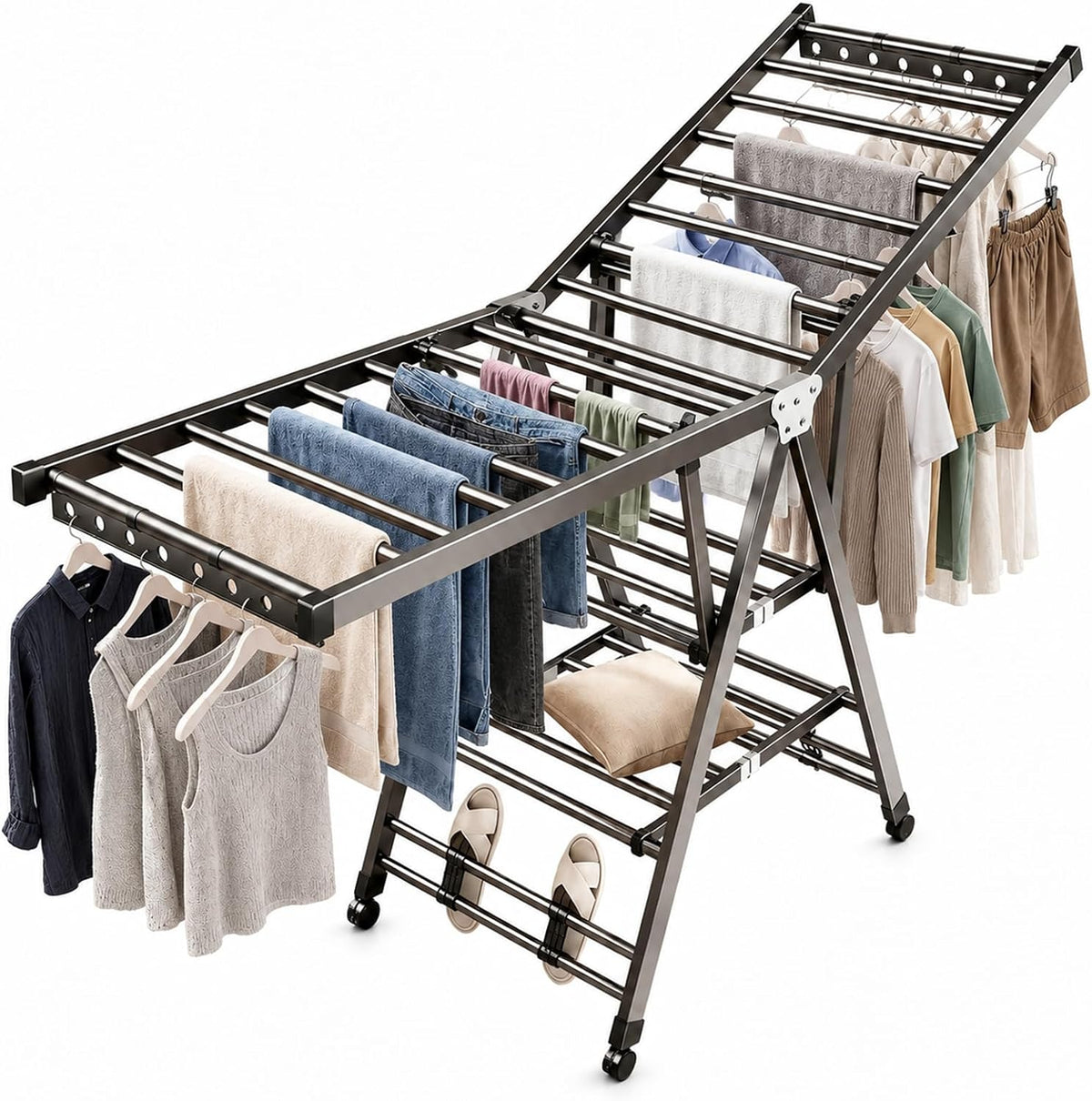 Heavy Duty 3-Tier Clothes Drying Rack with Wheels, Large 5.9Ft
