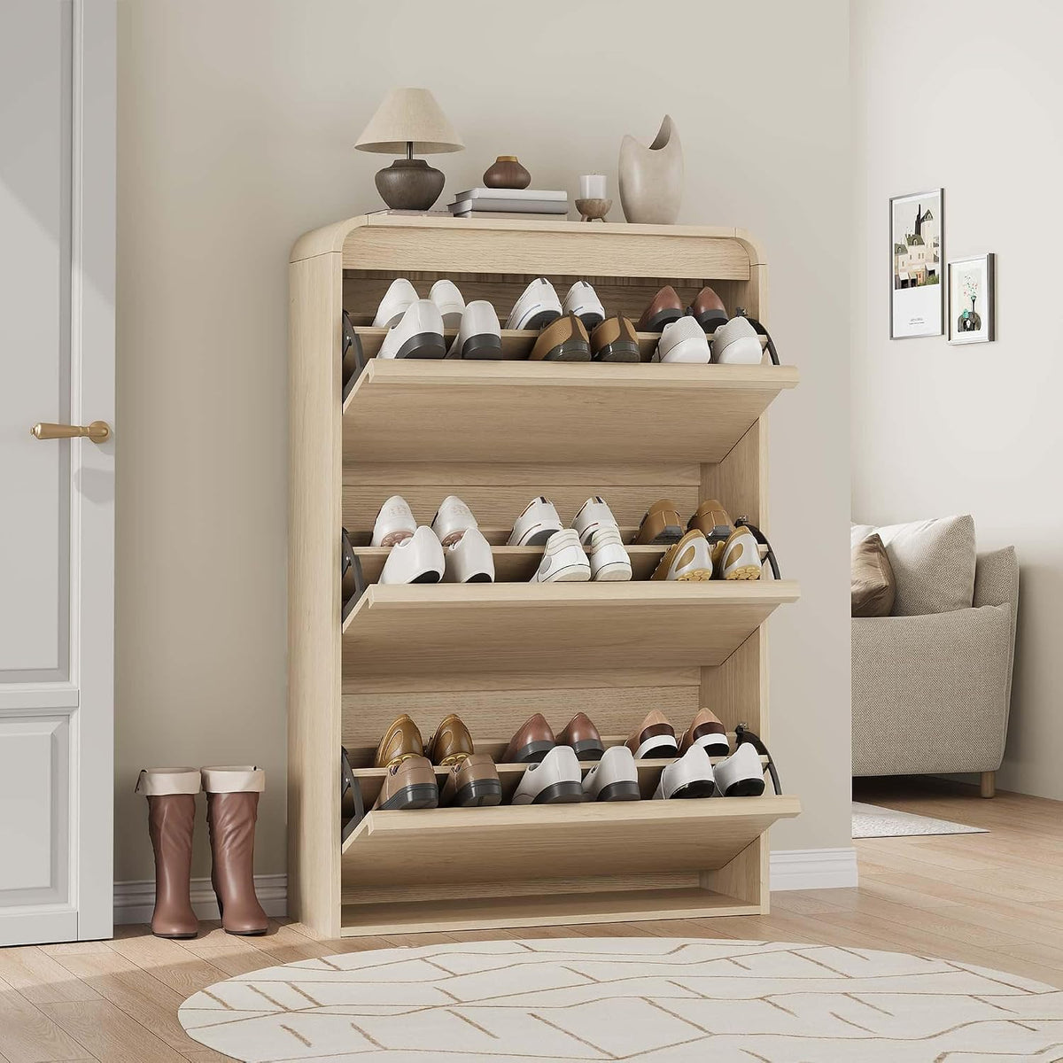 IDEALHOUSE Shoe Cabinet with 3 Flip Drawers and Hidden Handle, Natural Oak