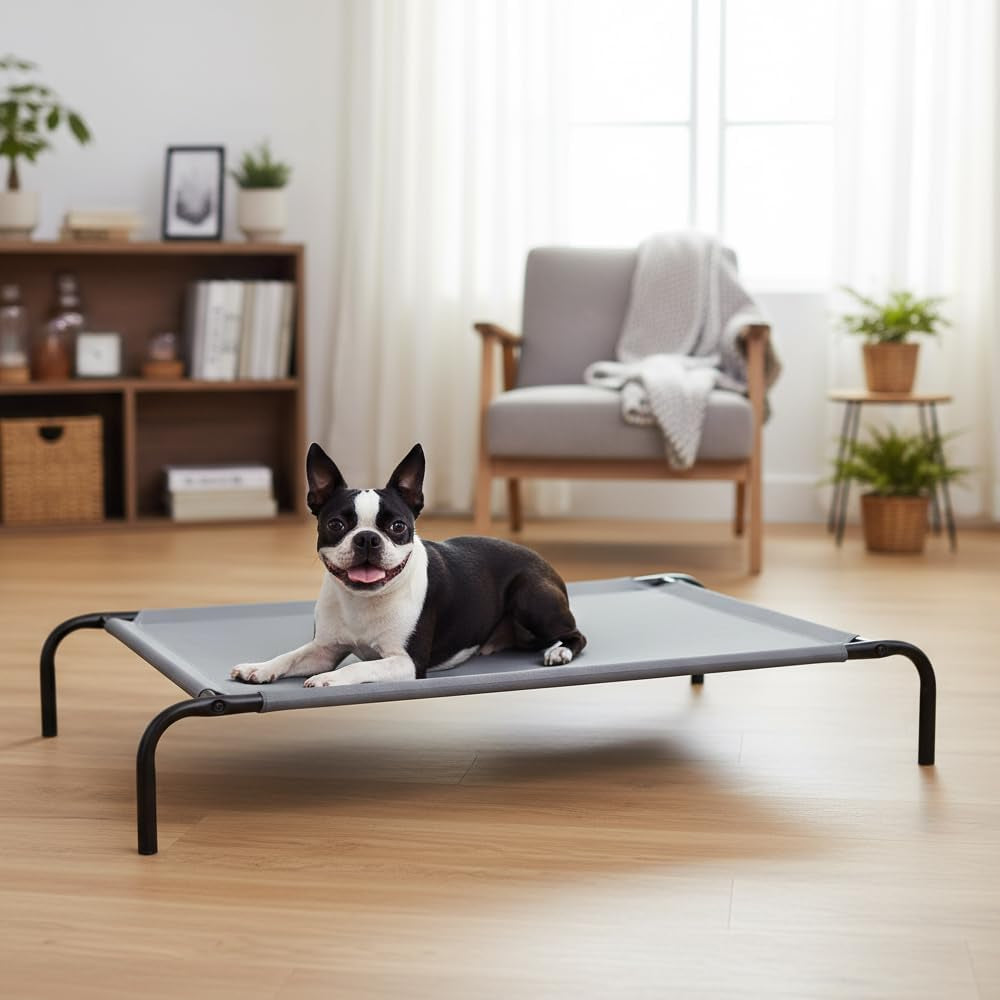 Amazon Basics Cooling Breathable Elevated Dog Bed with Metal Frame for Large Dogs, 51" X 31" X 8", Grey