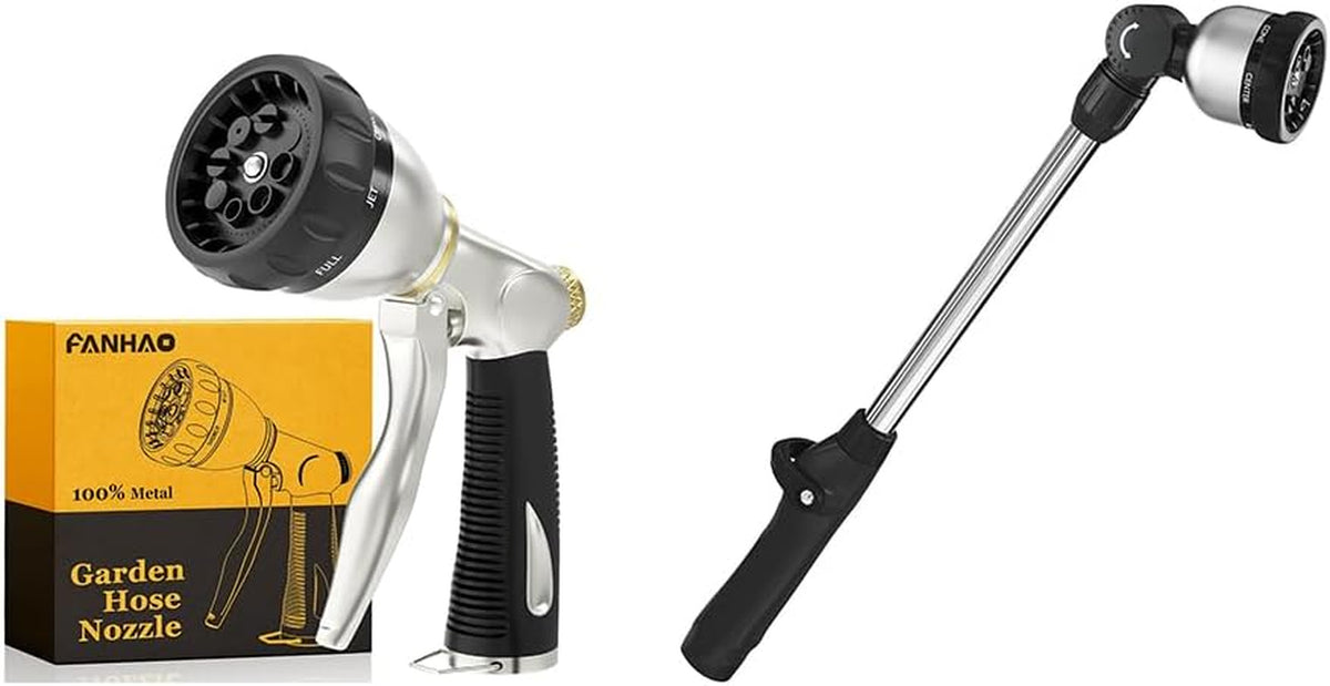 FANHAO Heavy Duty Garden Hose Nozzle + 16 Inches Metal Watering Wand
