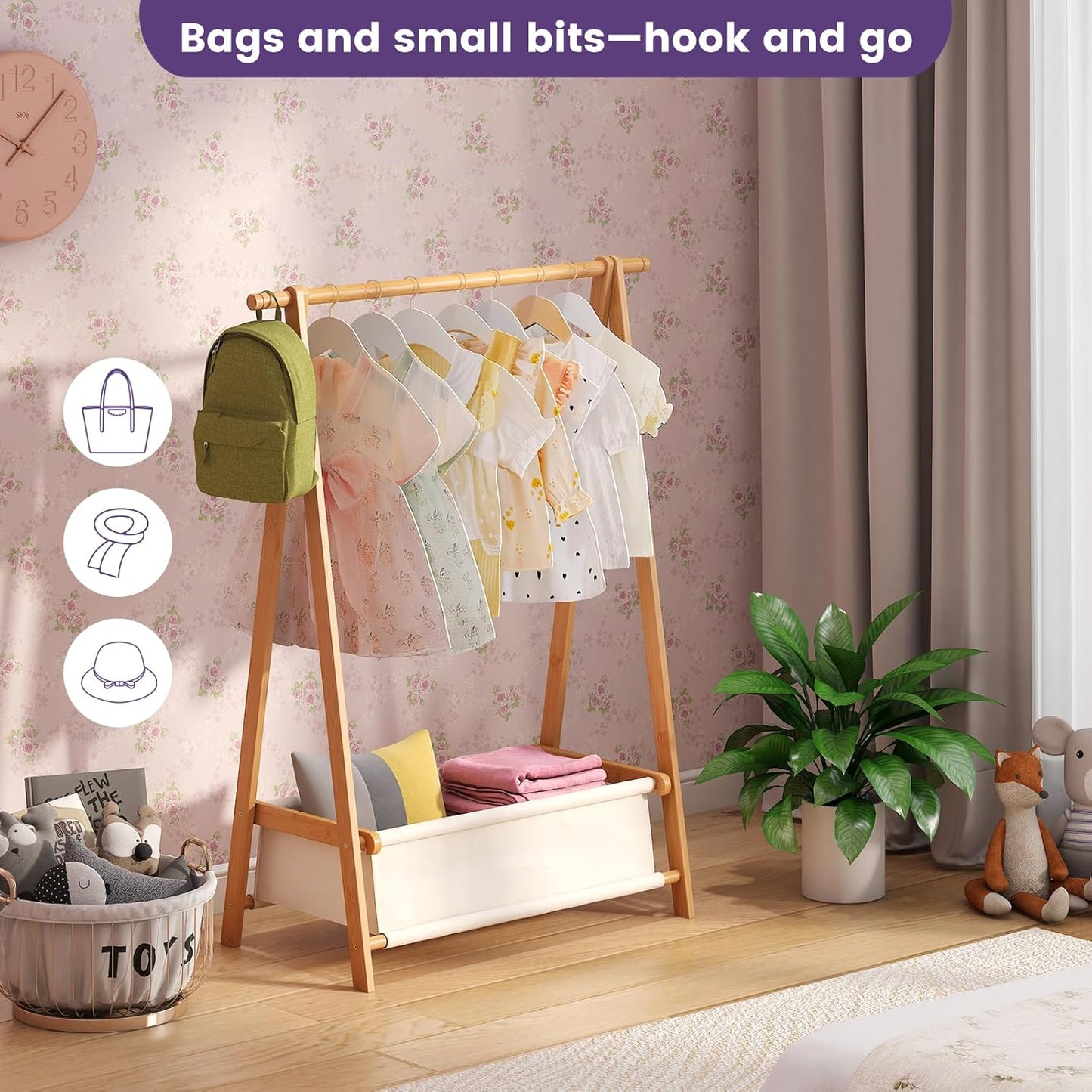 Clothing Rack, Coat Rack Freestanding for Hanging Clothes, Dress up Rack with Storage Basket,Closet Organizer for Hanging Clothes (Short)