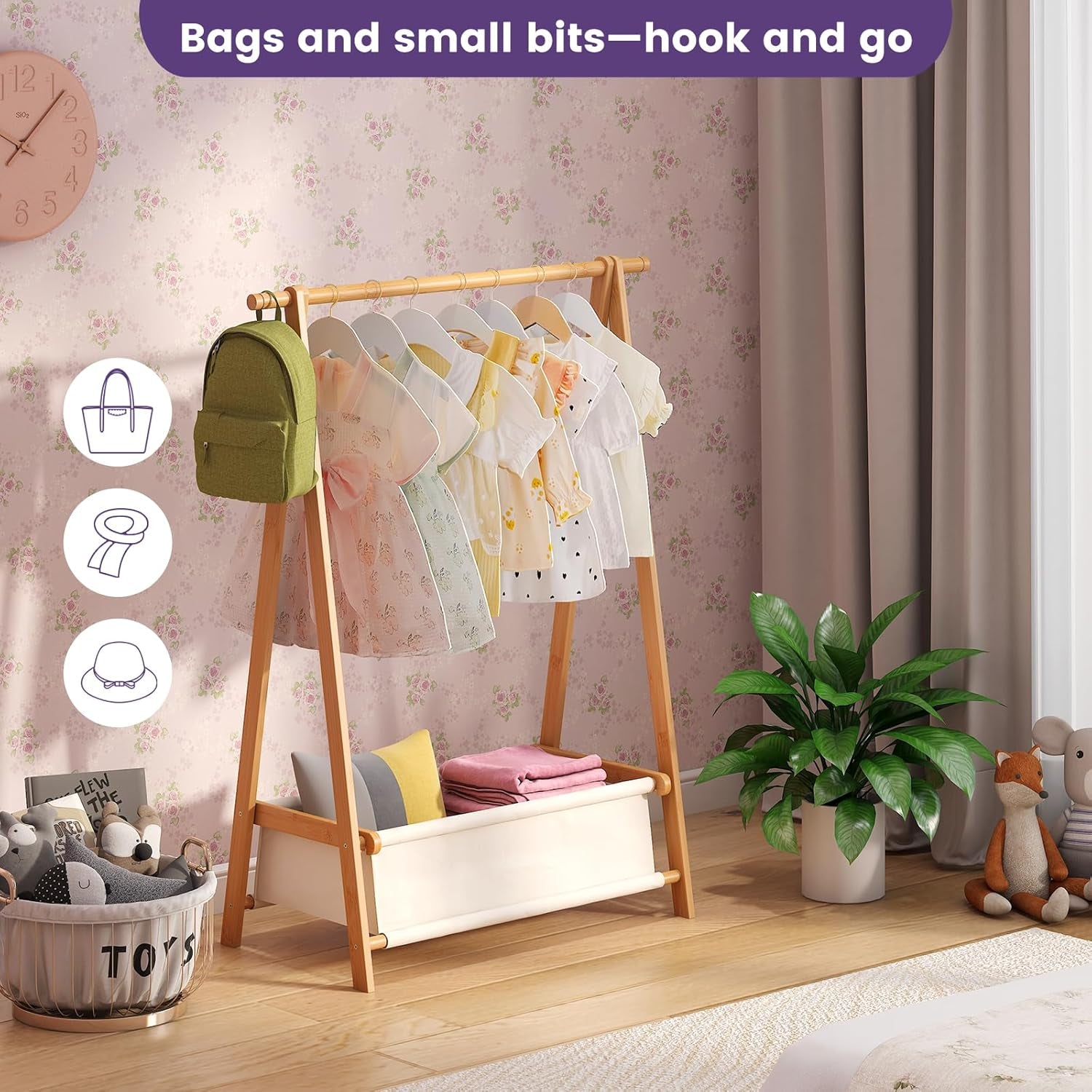 Clothing Rack, Coat Rack Freestanding for Hanging Clothes, Dress up Rack with Storage Basket,Closet Organizer for Hanging Clothes (Short)