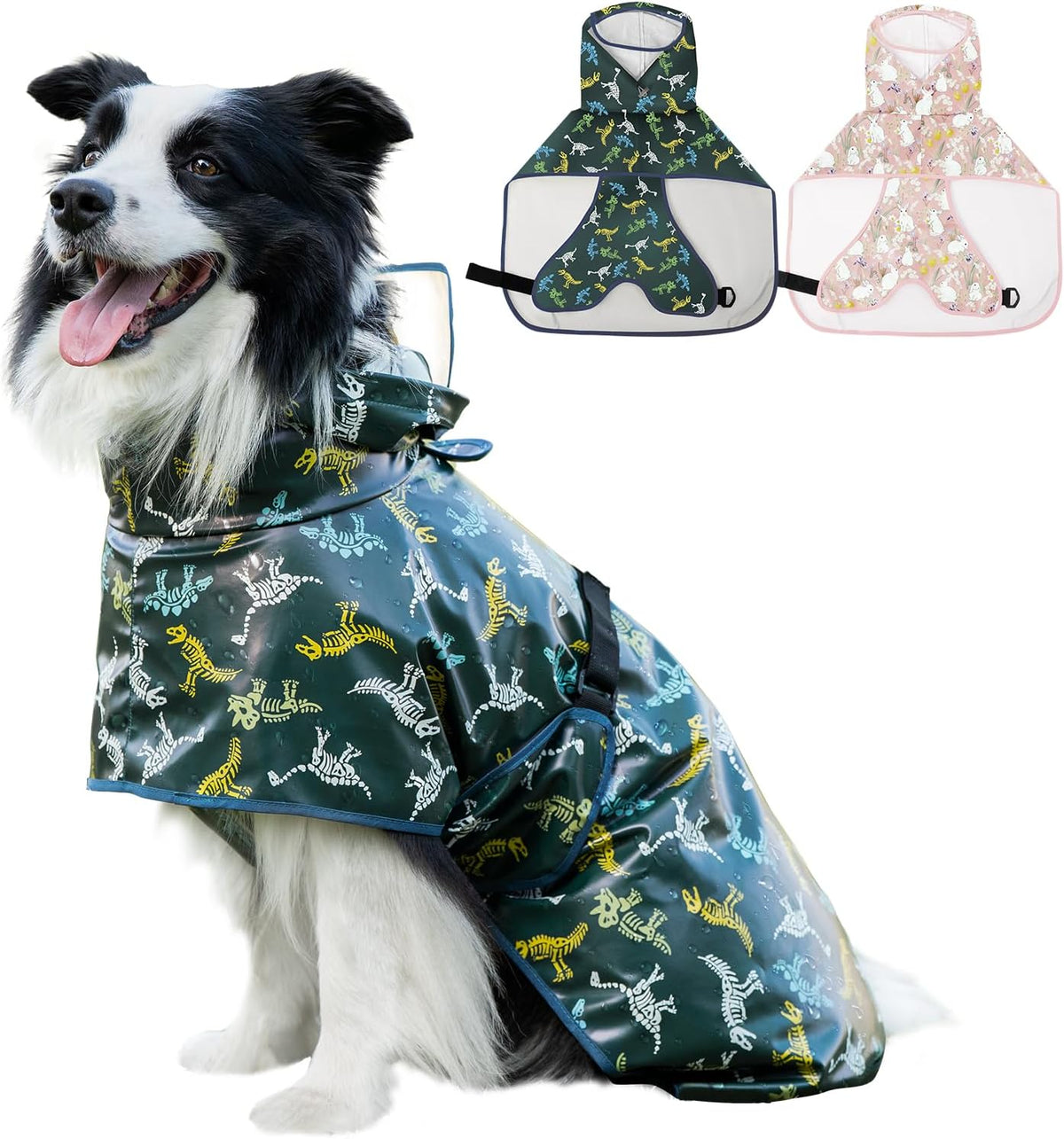 Dog Raincoat,Dog Rain Jacket Poncho with Hood and Leash Hole(Dinosaur,L)
