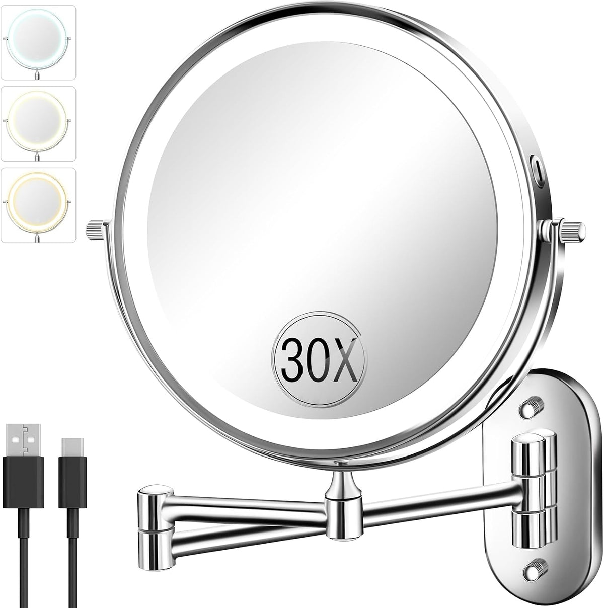 VFD 8'' 30X/1X Wall Mounted Lighted Magnifying Makeup Mirror with Lights