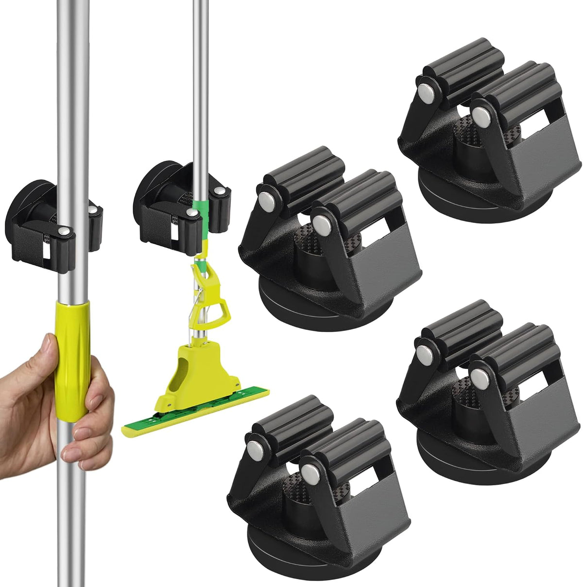 ULIBERMAGNET Magnetic Mop Broom Holder,Heavy Duty Movable Magnetic Broom Holder Rack,Anti-Slip Wall Mounted Utility Storage Mop Shovel Hanger for Garage, Kitchen, Laundry, Garden(4 Pack/Black)