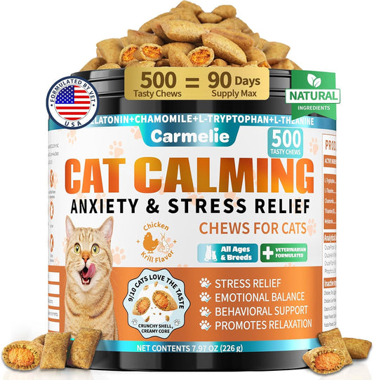Carmelie Cat Calming Treats Anxiety Relief with Melatonin Chamomile, 500Ct