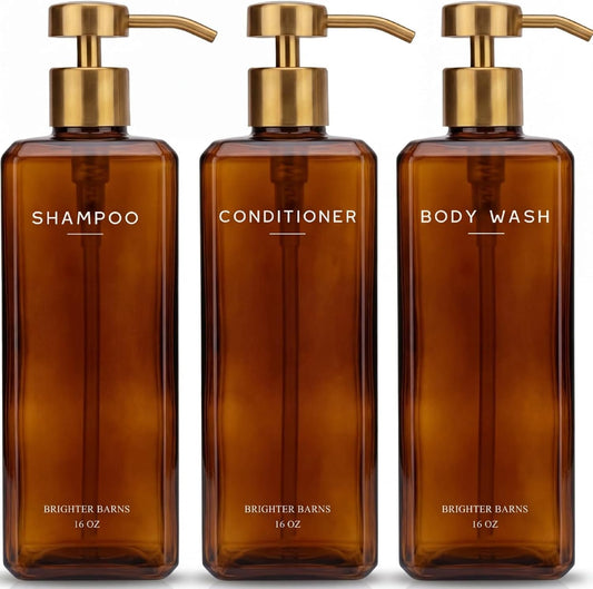 Luxury Shampoo and Conditioner Dispenser Set by Brighter Barns - 16Oz Refillable Shower Shampoo Dispenser - Shower Bottles with Stainless Steel Pumps for Modern Home Decor, Spa, Gifts (Amber/Gold)