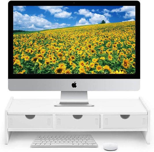 Valen Monitor Stand Riser, Computer Laptop Riser Shelf with 3 Organizer Drawers (White, 19.5" L X 7.5" W X 4.7" H) (White)