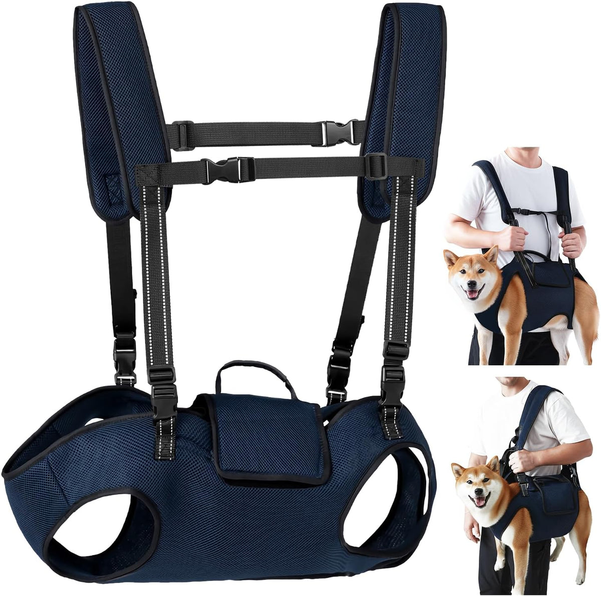 Dog Lift Harness, Navy, XL (35-55 Lbs), Full Body Sling Carrier, Adjustable Straps & Control Handle, Breathable Backpack, for Elderly Injured Arthritic Disabled Dogs