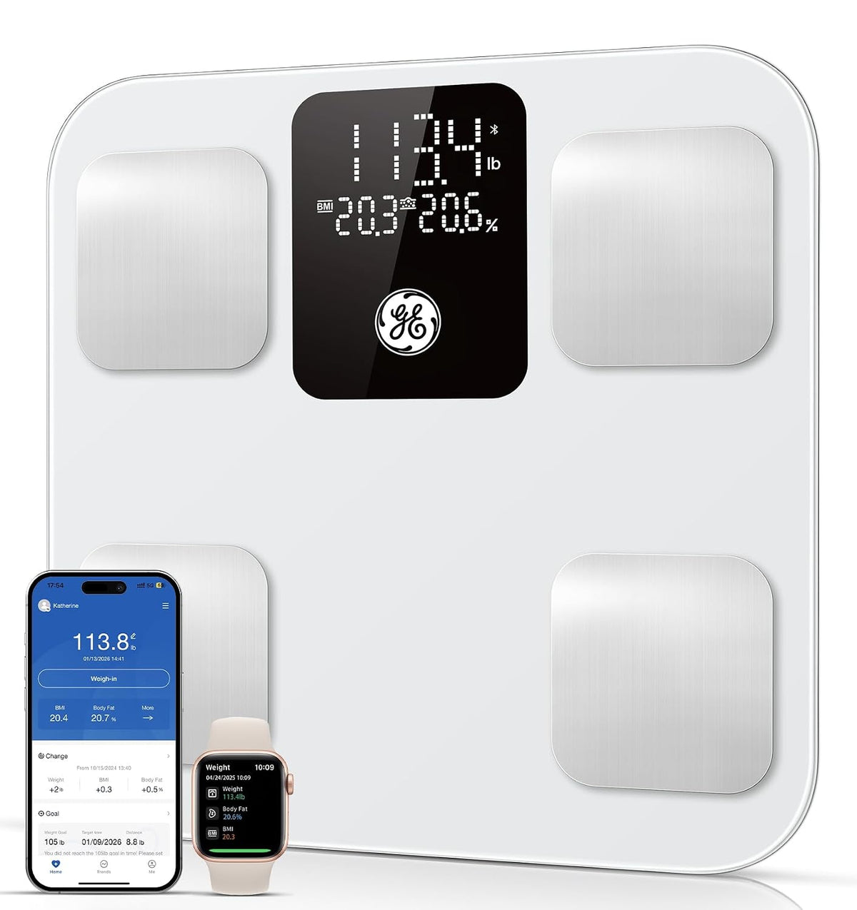 GE Smart Scale for Body Weight, Body Fat, BMI, 3-In-1 LED Display, 11-Inch
