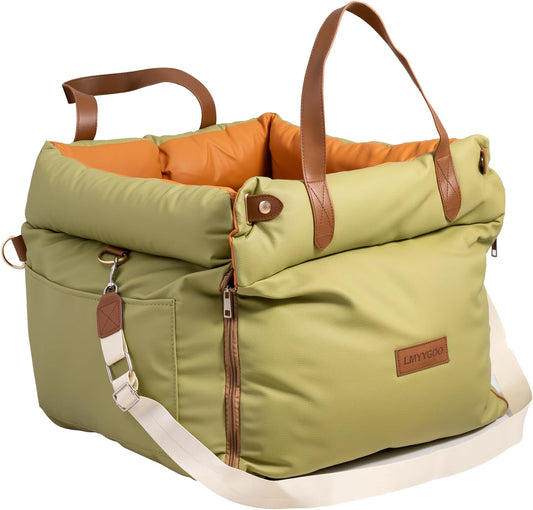 Dog Car Seat for Small & Medium Dogs - 3 in 1 Waterproof Soft Leather Dog Bed for Car with Harness Clip, Travel Bed & Carrier Bag for Pets, Fits Pets up to 35 Lbs (Green, Small & Medium)