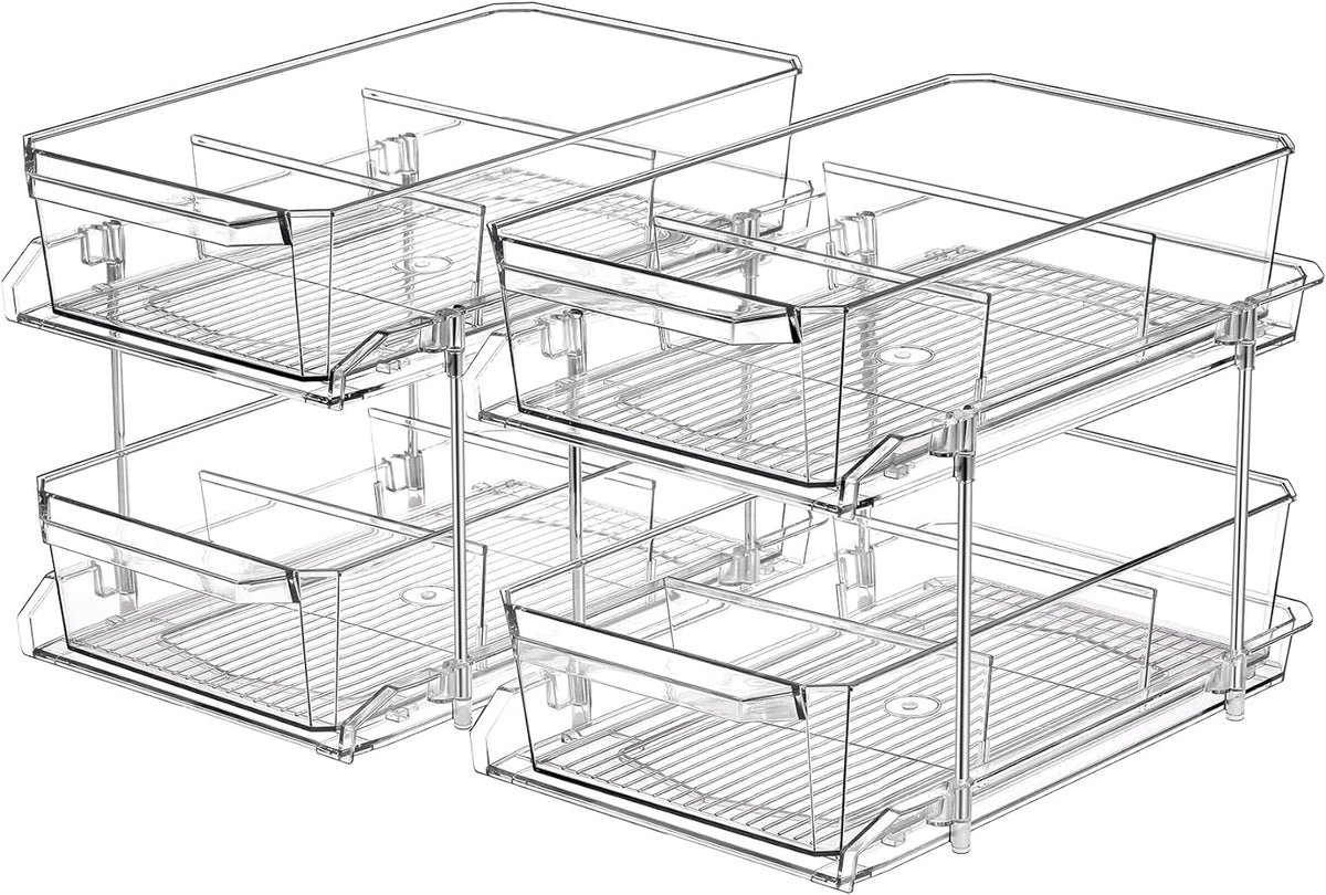2 Set, 2 Tier Clear Organizer with Dividers for Cabinet, Shlef, Counter - Multiuse Slide-Out Storage Container - Kitchen, Pantry, Medicine Cupboard Bins, Bathroom, Vanity Makeup, under Sink Organizing