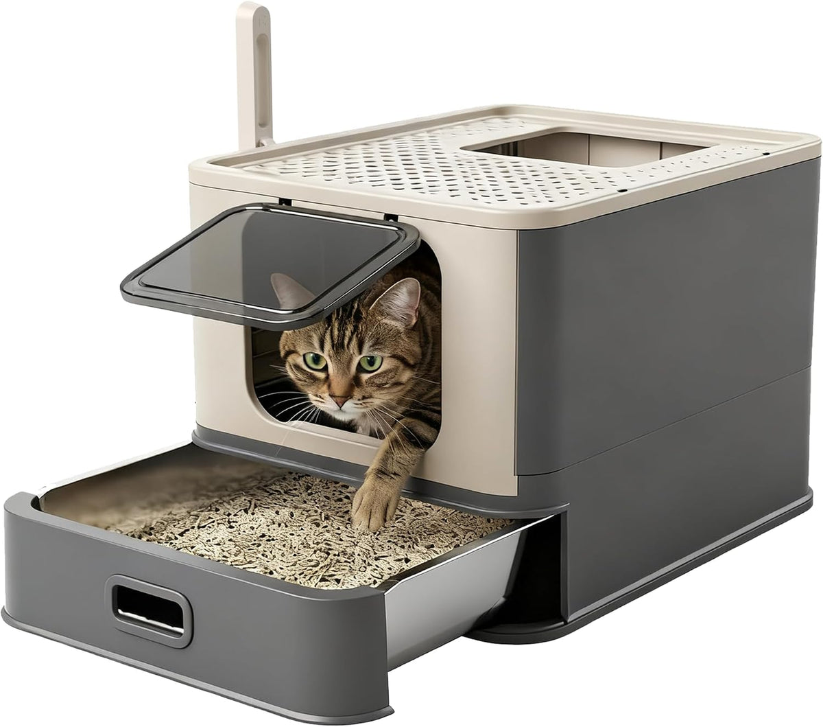 PAKEWAY XL Enclosed Stainless Steel Cat Litter Box with Pull-Out Drawer