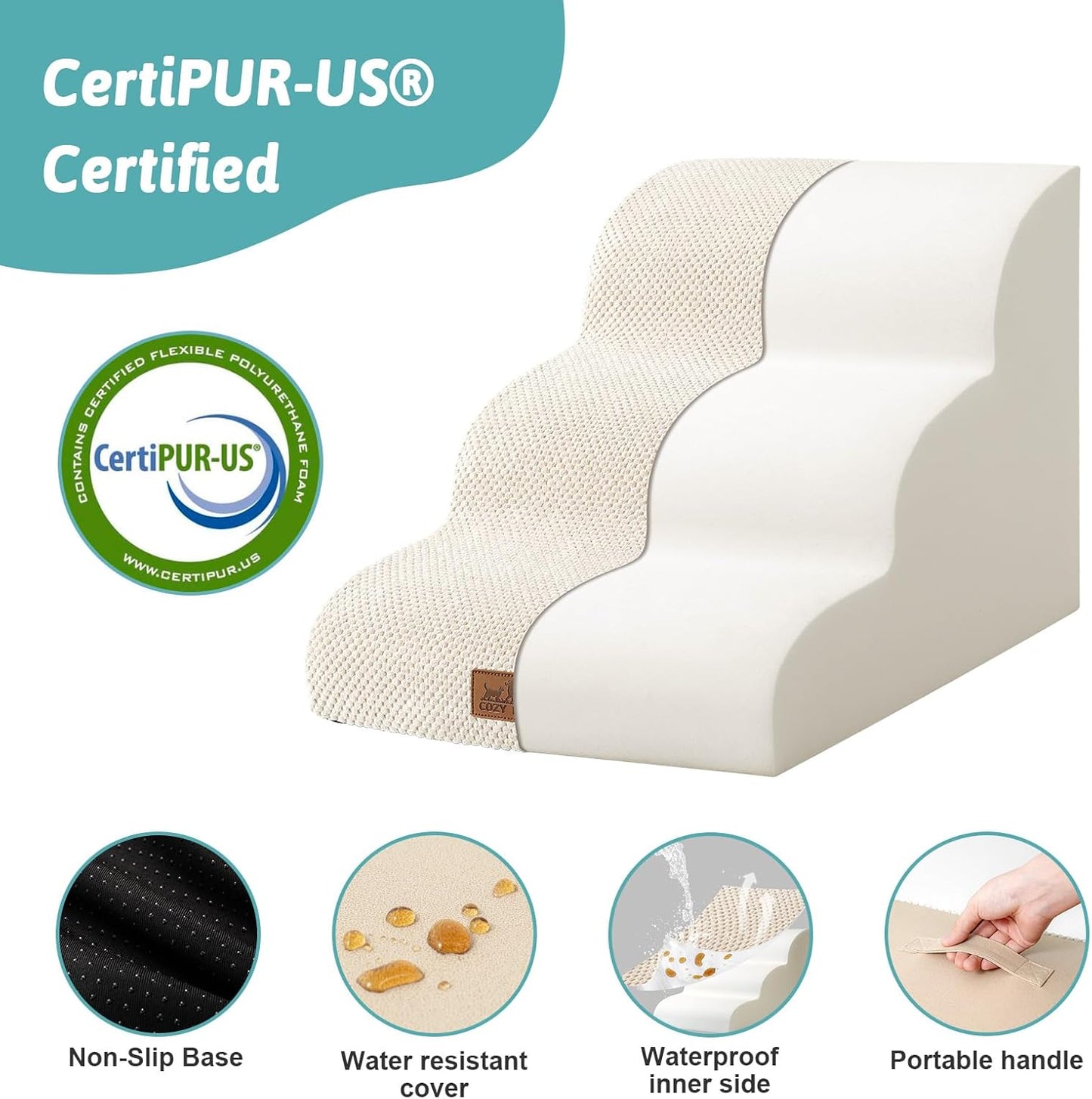 COZY KISS Dog Stairs for Small Dogs 15.7" H, Curved Dog Step for Puppy, Older Cat, Medium Pet Ramp for Sofa, Couch or Chair, Ladder with High Density Foam, 3 Step, 15.7X22.4X15.7 Inch, Beige