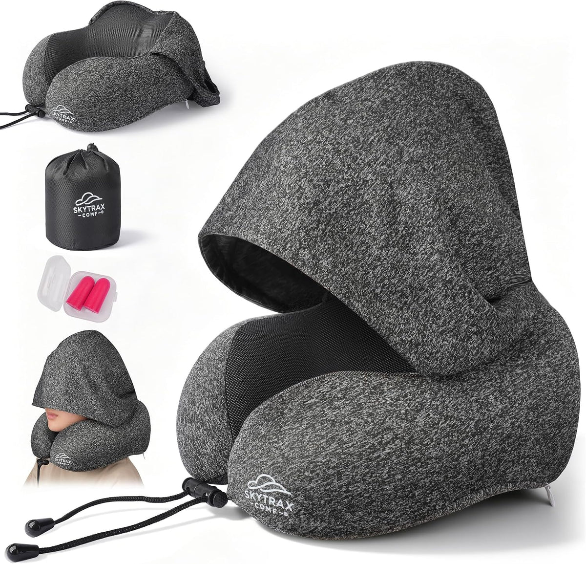 Skytraxcomf® Travel Neck Pillow with Hood for Privacy on Long Flights