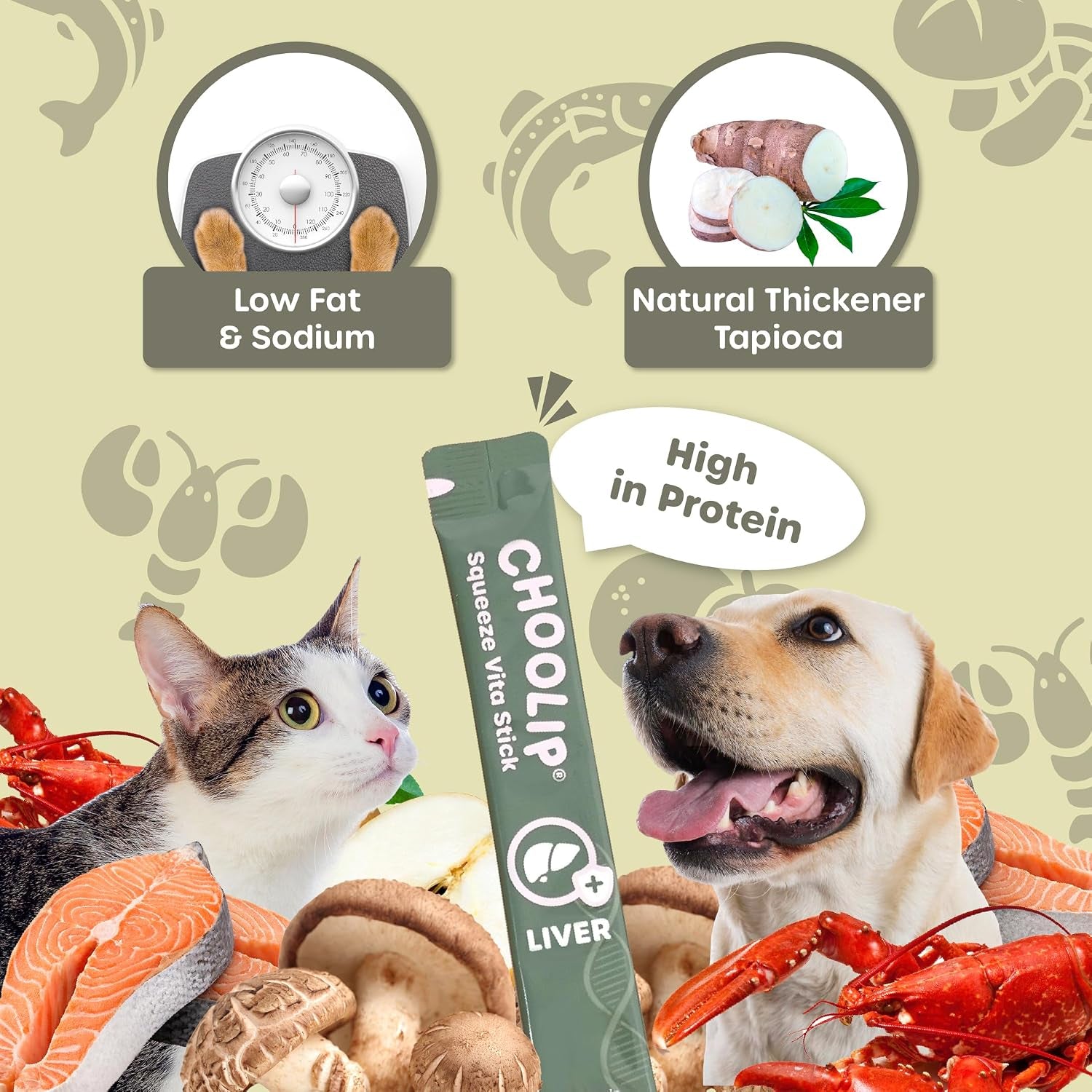 Choolip Squeeze Vita Stick Lickable Cat and Dog Treats, 49-Count Liver Support Variety Pack, Salmon and Lobster with Milk Thistle, Coq10 and Vitamin E