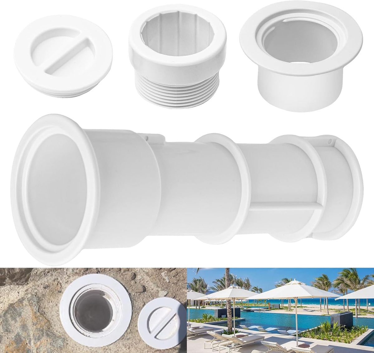 US105 Umbrella Stand with Sleeve and Center Cap, 7 1/2" Stand with Sleeve, for Umbrellas, Volleyball Poles and Tiki Torches, 1 1/2" - 1 3/4" Hole Can Be Installed on Floor, Step or Deck - White
