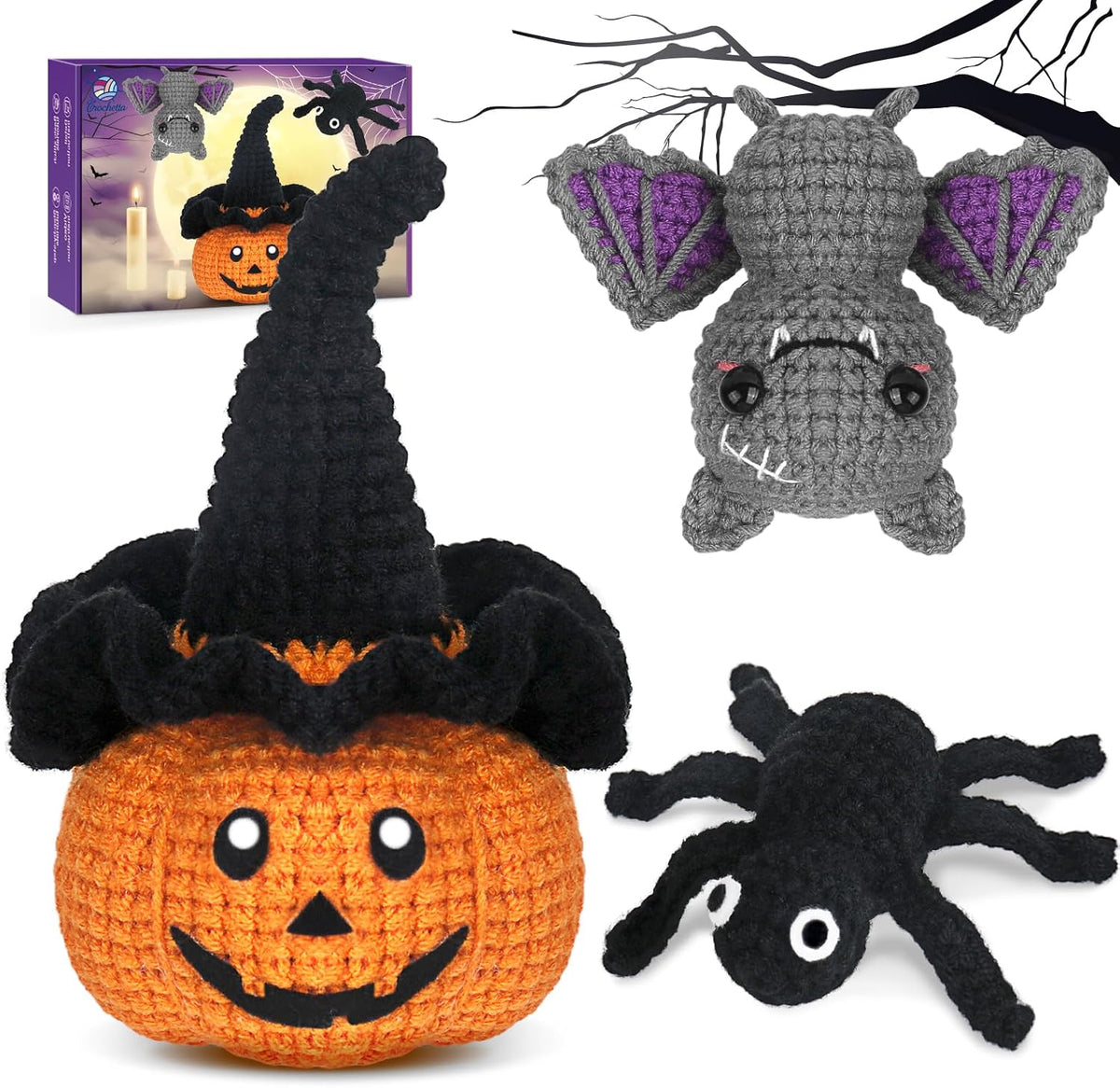 Crochetta Crochet Kit for Beginners, Halloween Decorations, Pumpkin Spider Bat Crochet Animal Kit for Adults and Kids with Step-By-Step Video Tutorials, DIY Knitting(40%+ Yarn)