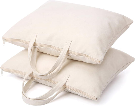 2 Pack Travel Pillow and Blanket Bags, 100% Cotton Canvas Pillow Storage Bag with Handles for Airplane Home, Heavy Duty Breathable Organizer for Bedding Linens, Pillow Bag for Traveling(2,20"X26")