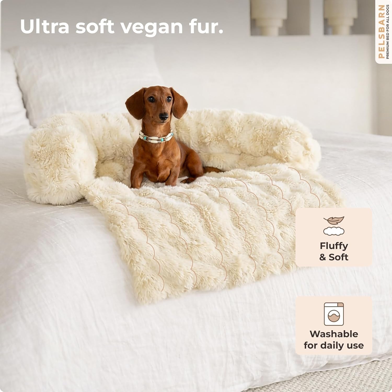 Pelsbarn Dog Bed for Couch, Luxurious Sofa Bed for Dogs with Non-Slip Oxford Bottom - Faux Rabbit Fur with Removable Cover, Small, Beige - 28X28 In