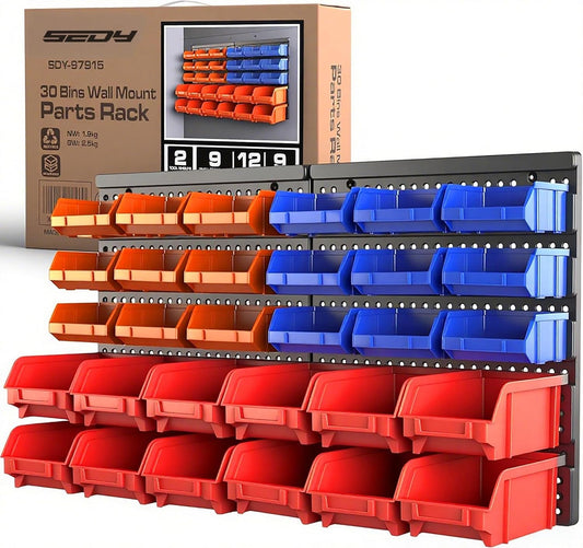 SEDY 30-Bin Wall-Mounted Storage Rack System - Heavy-Duty Garage Tool Organizer for Screws, Nuts, Bolts, Nails, Beads, and Small Hardware Parts - Easy Installation and Customizable