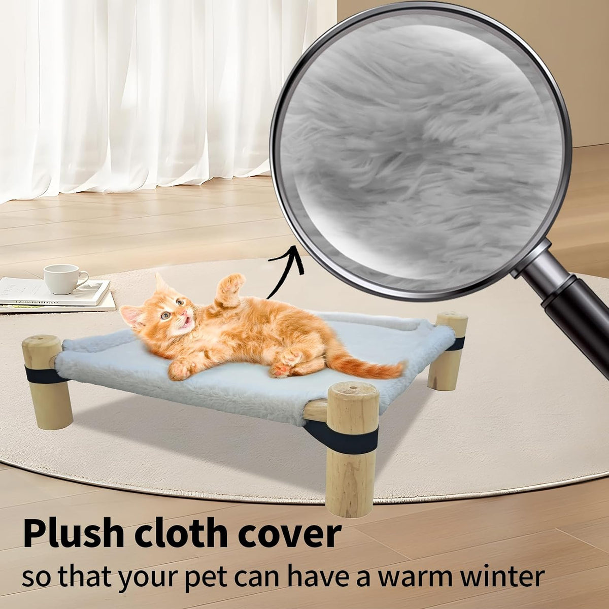 Pozico Cat Hammock Bed – Wooden Elevated Cat/Dog Bed with Plush Winter Fabric – Raised Pet Cot Furniture for Small Dogs, Cats & Small Animals – Warm Indoor Lounger – Portable & Washable