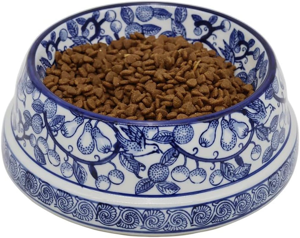 Aimusego Blue and White Vintage Ceramic Dog Bowl for Pet Owners, Anti-Skid Base Medium Large Water and Food Pet Cat Dish-9Inch