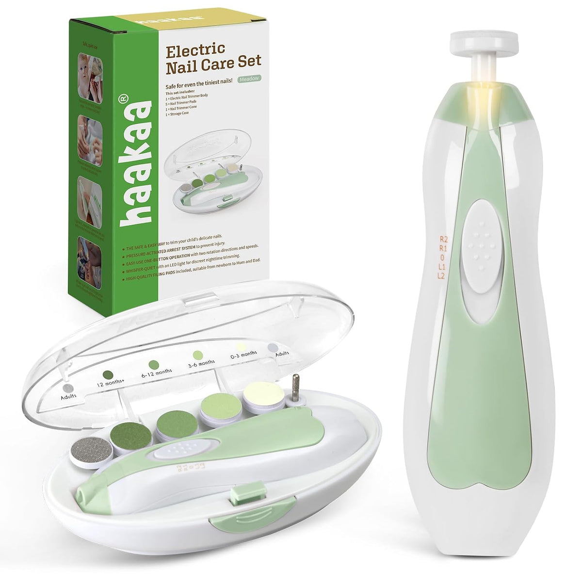 Haakaa Electric Baby Nail File, LED Light Baby Nail Trimmer, Green