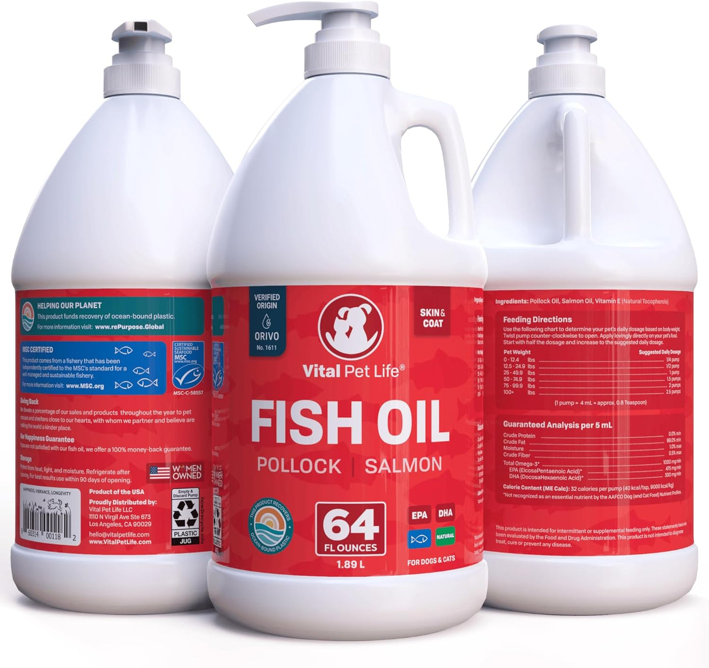 Fish Oil for Dogs - Healthy Skin & Coat, Salmon, Pollock, All Natural Supplement for Pets, Itching Scratching Allergy & Inflammation Defense, Omega 3 EPA DHA, Brain & Heart Health, 64 Oz
