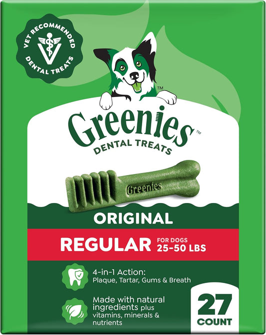 Greenies Veterinarian-Recommended Adult Natural Dental Dog Treats Regular Size, Dog Dental Chews, Original Flavor, 27 Oz. Pack, 27 Count