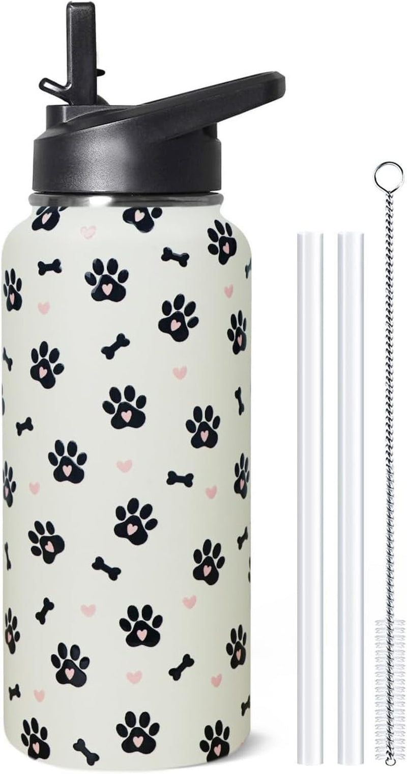 32Oz Dog Paw Insulated Water Bottle with Straw, Gym Hiking Sports Coffee Mug Cup, Dog Paw Gifts for Women Decor Accessories