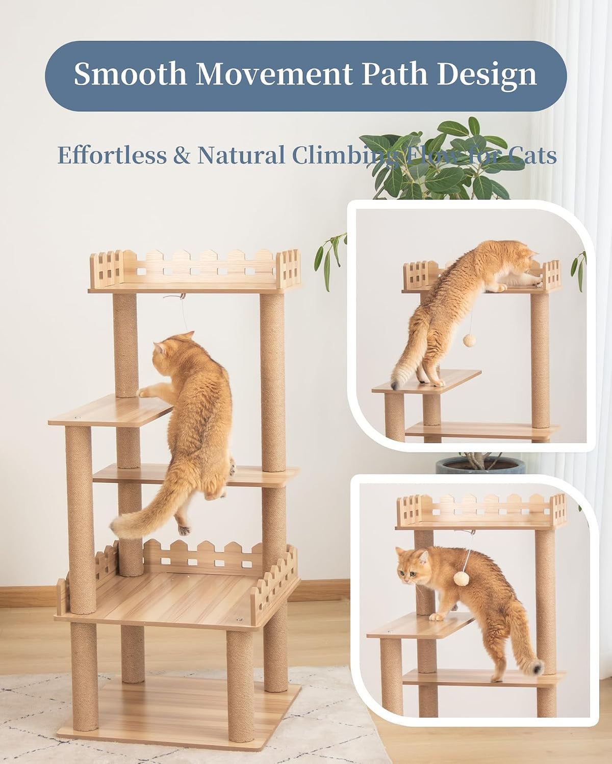Wood Cat Tree for Indoor Cats, 49 Inch Cats Furniture Tower with Large Platforms, Full Sisal Scratching Posts, Water Proof Surface