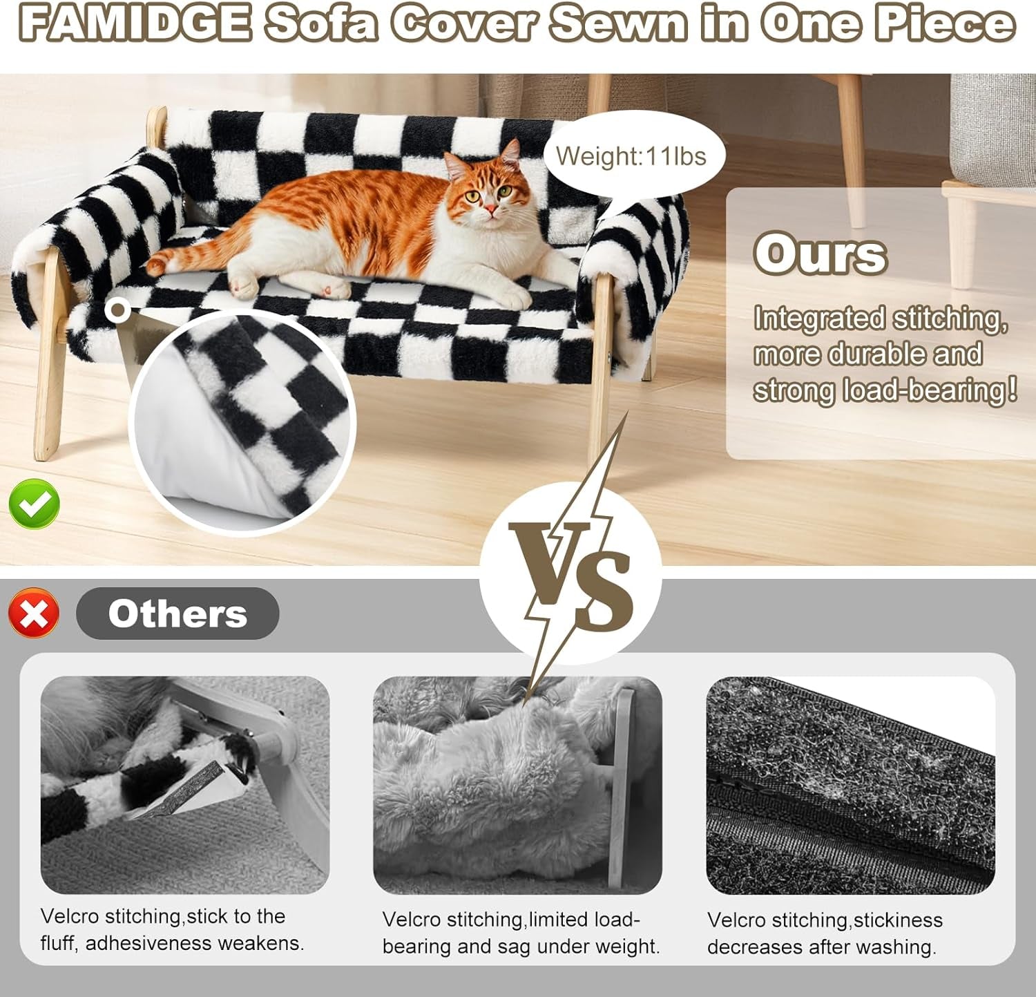 FAMIDGE Elevated Cat Couch Bed for Indoor Cats - Wooden Pet Sofa with Removable Washable Thick Cover Raised Kitty Lounge Chair Suitable for Puppy or Small Animals(Cat Sofa Chessboard)