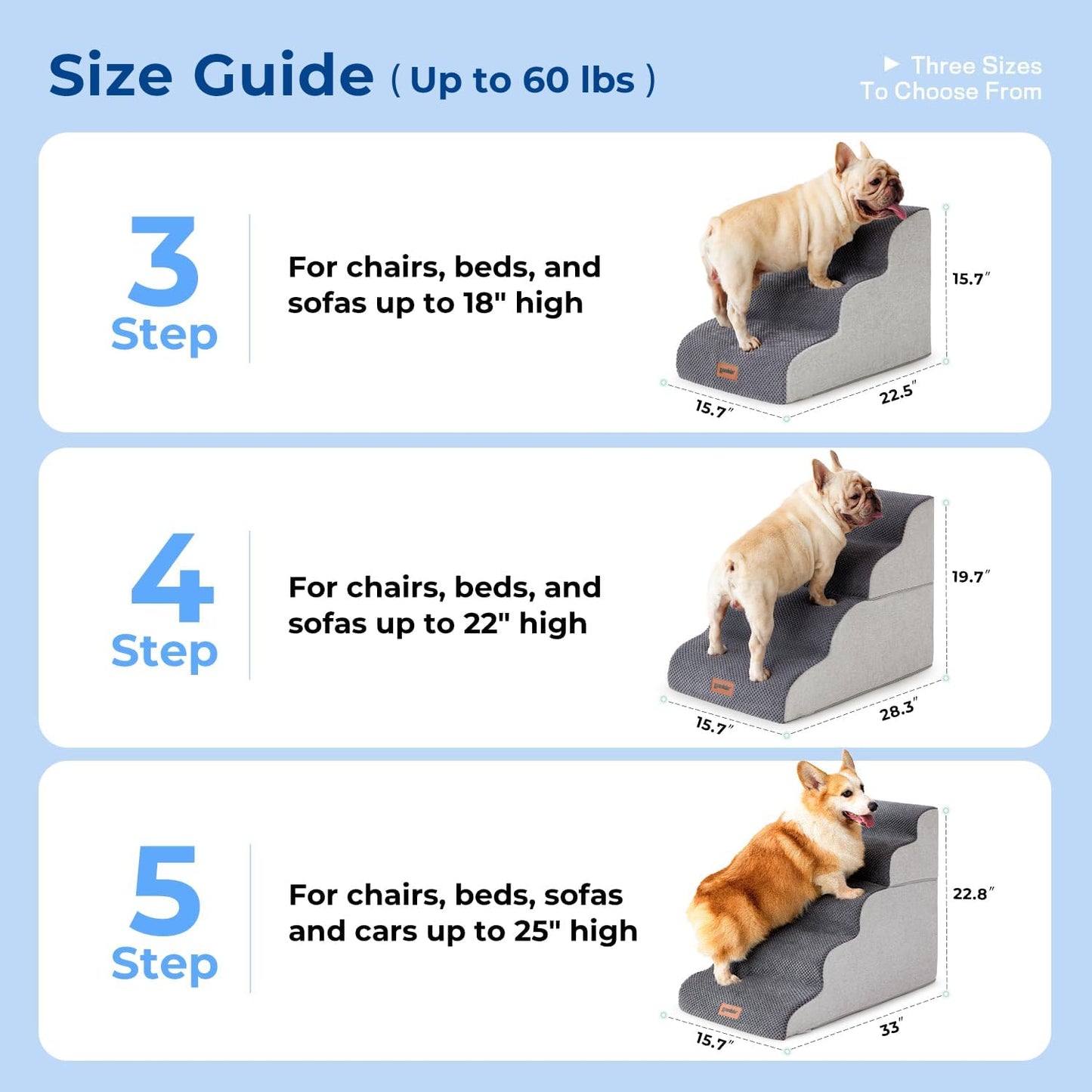 ZOMISIA Dog Stairs Ramp for High Beds - 5 Step Pet Stairs for Small to Large Dogs, 35D Foam Dog Steps for Couch with Non-Slip Bottom Grey
