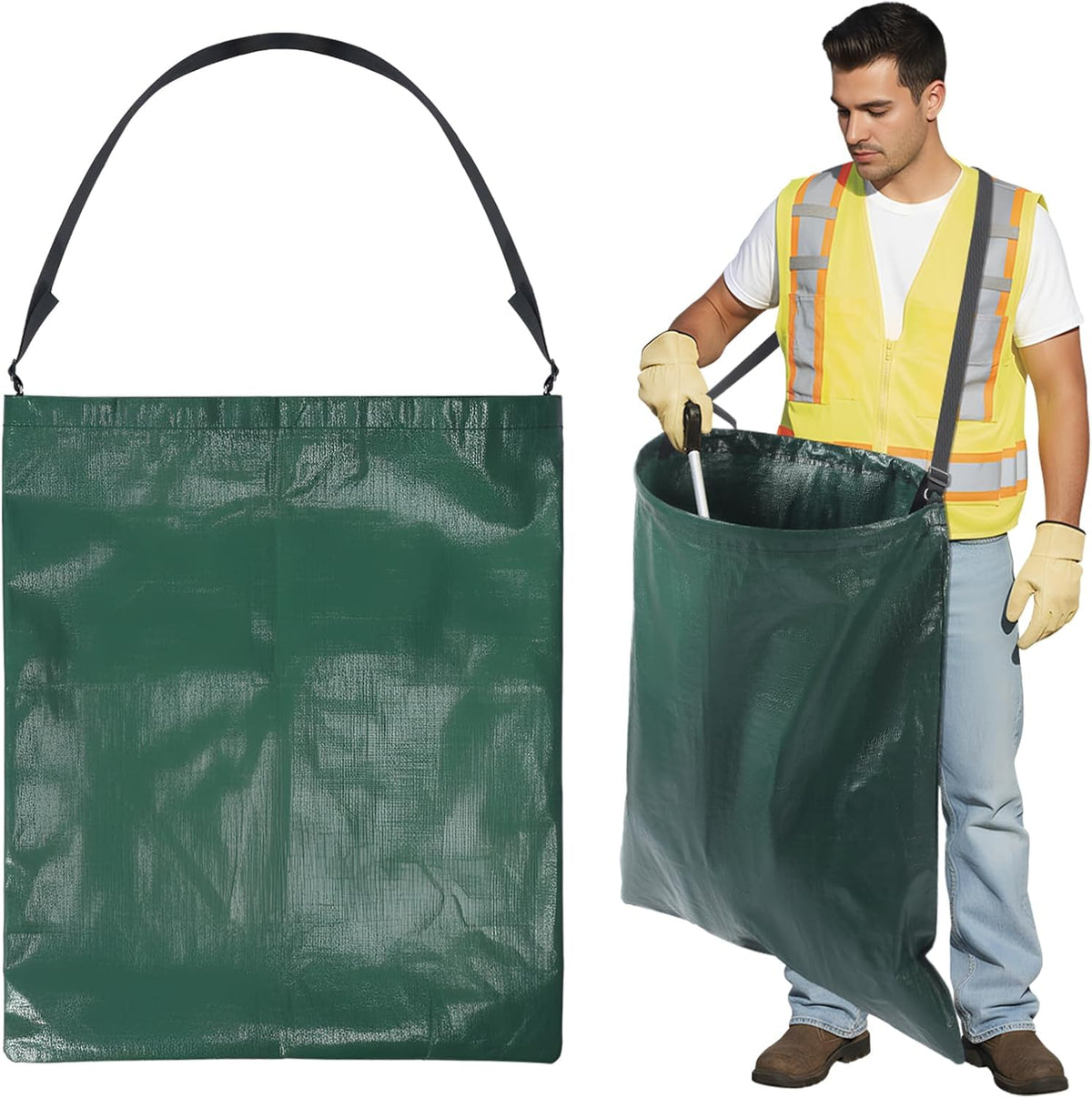 Faccito 1 Pack Litter Bag with Shoulder Strap Trash Leaf Bag Holder, Green