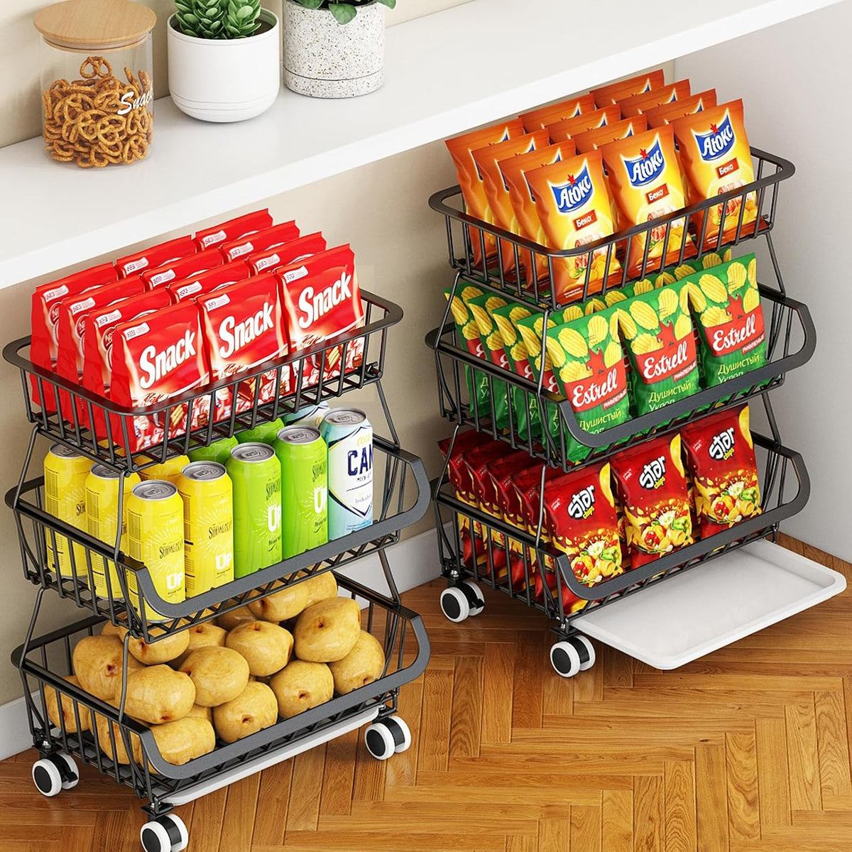 3-Tier Rolling Pantry Cart with Wheels, Stackable Wire Storage Floor Organizer for Kitchen Pantry Snack Shelves, Fruit Basket Stand, Vegetable Storage Rack for Food Snacks Onion Potato