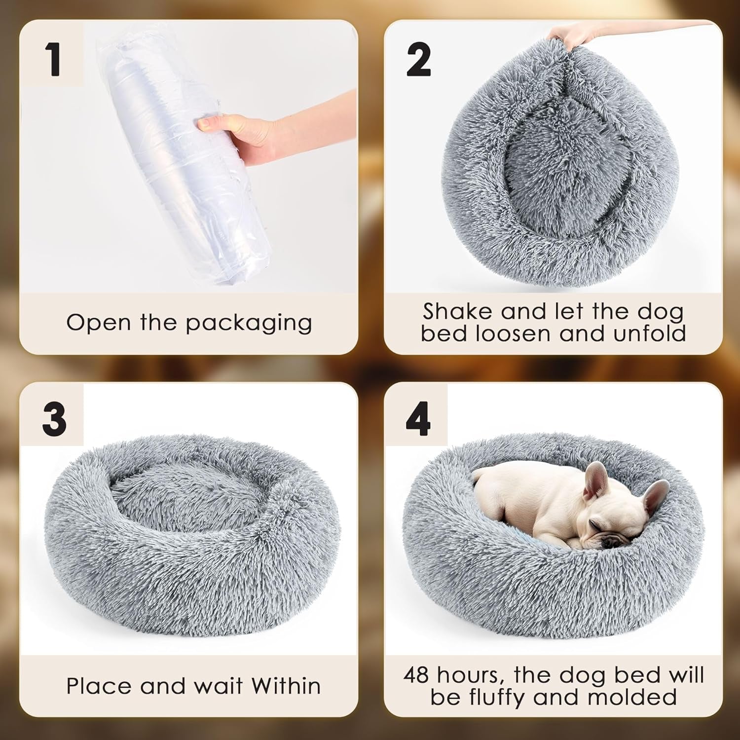 Hoewina Dog & Cat Bed for Indoor Cats, 20In Calming Donut Bed for Puppy and Kitten, Washable round Fluffy Pet Bed for Small Medium Dogs and Cats (Light Grey)