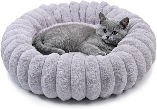 Tiny Donut Pet Bed, 16 Inch round Calming Bed for Puppies & Kittens, Soft Cozy for Indoor Cats & Extra Small Dogs, Anti-Slip Bottom, Washable, Light Gray